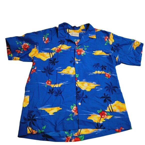 VTG Surfside Sportswear Men's‎ Hawaiian Shirt Waikiki Flowers Ocean Blue Large - Picture 1 of 7